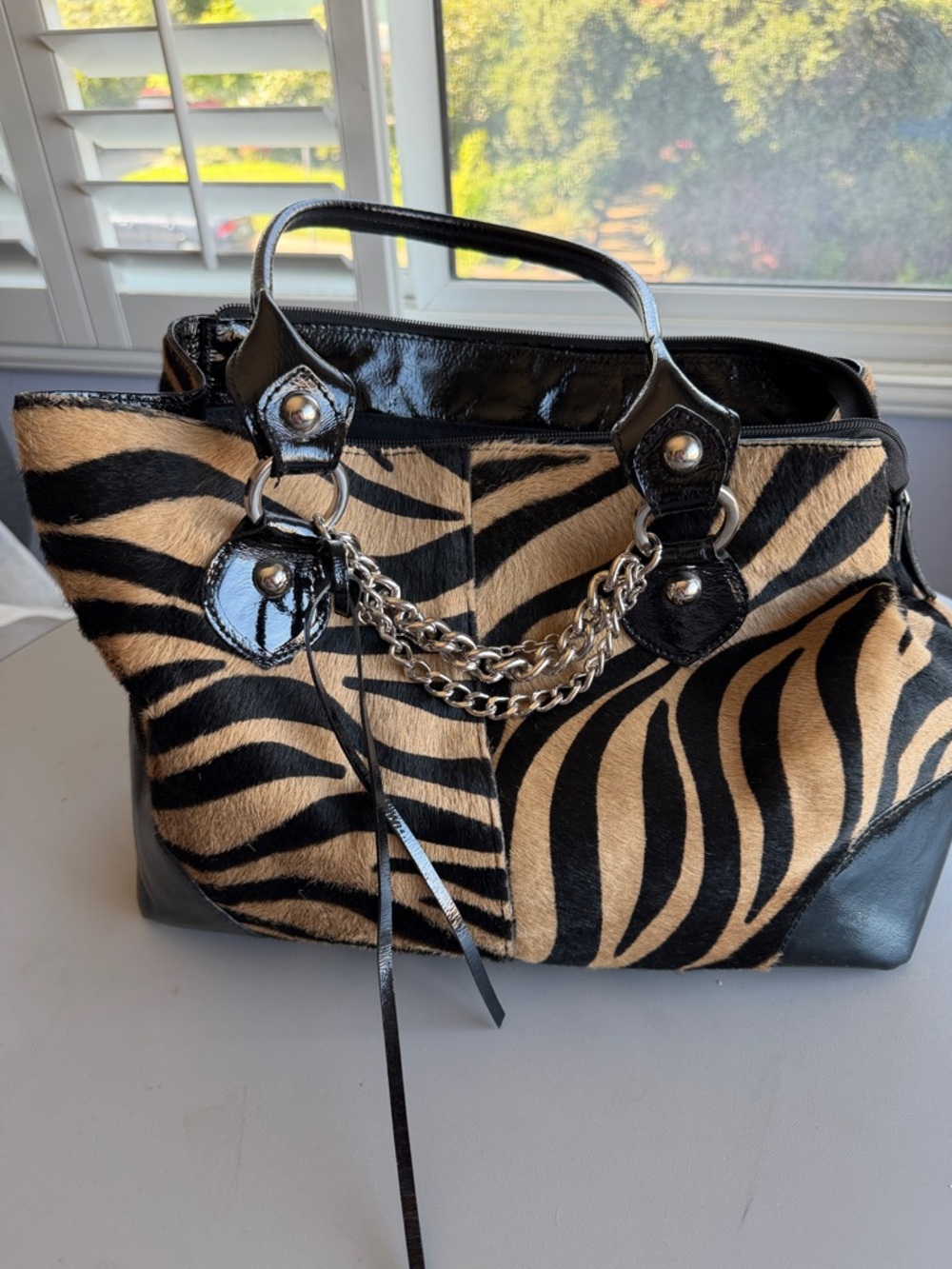 Roberta Gandolfi Zebra-Print large Tote with Black Patent Trim and Chain Detail